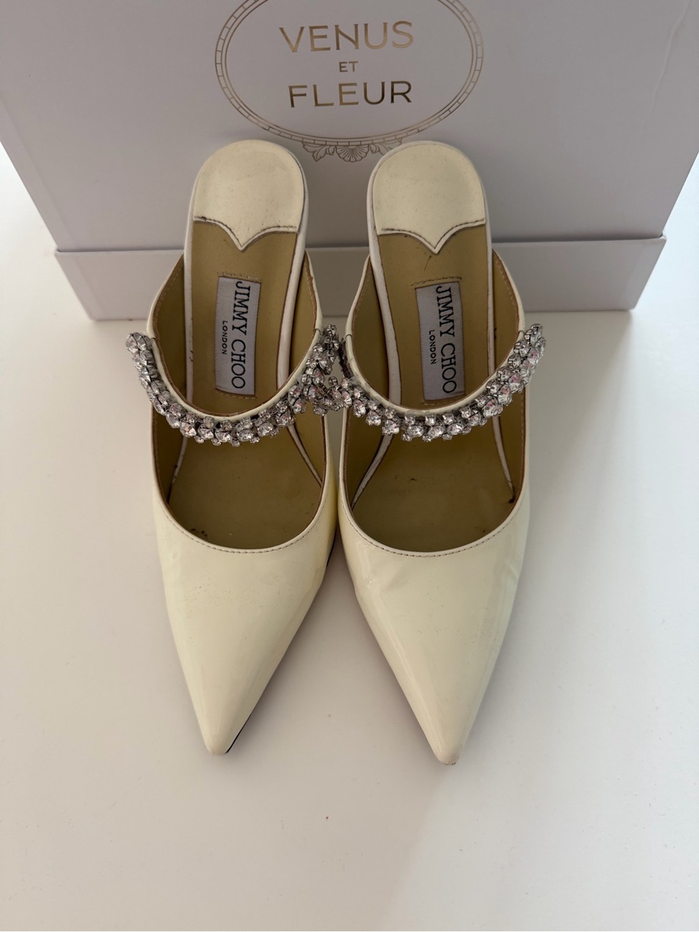 Jimmy Choo Ivory Patent Pointed Mules with Crystal Strap